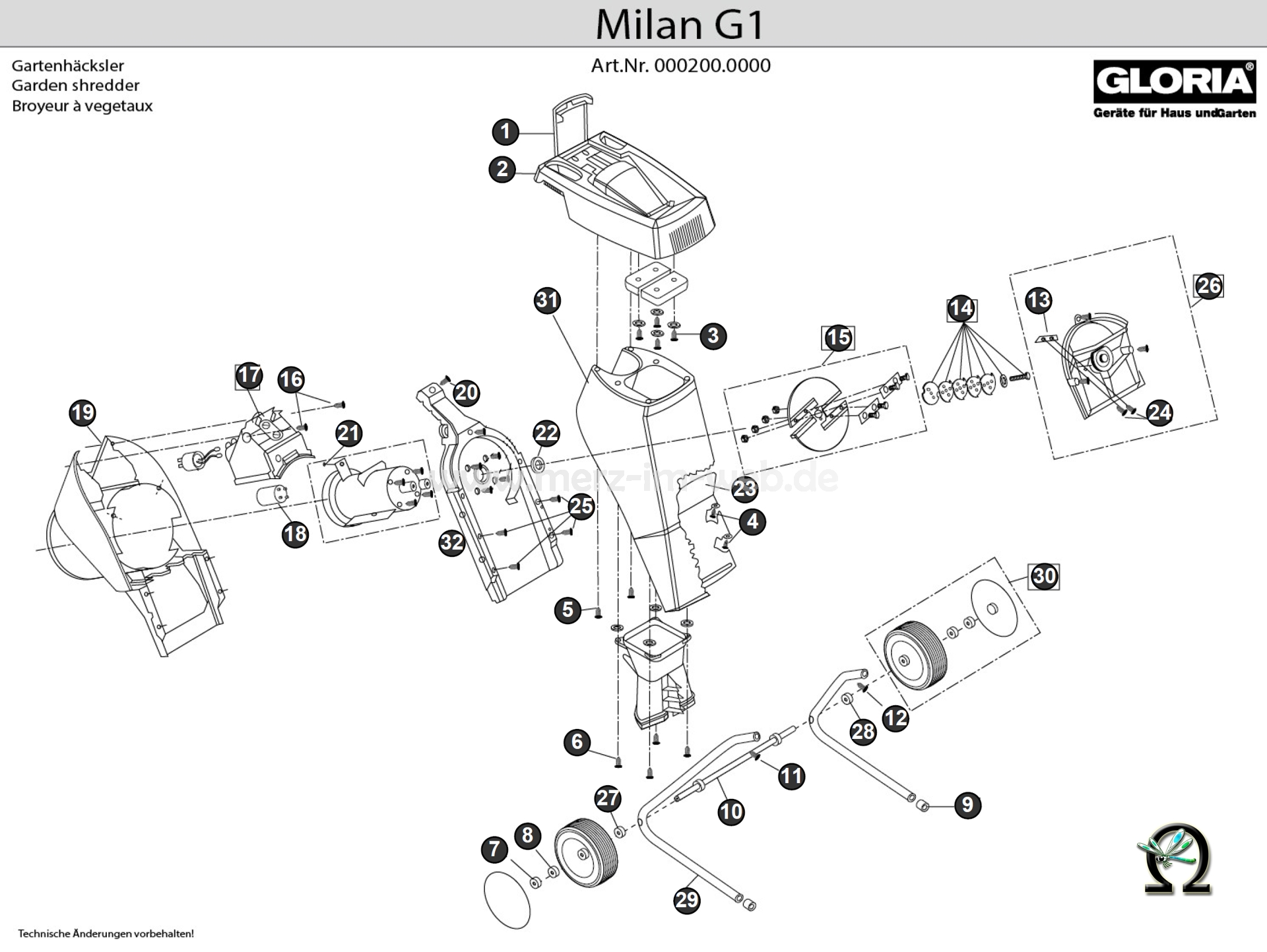 Gartenhäcksler Gloria Milan G1 Explosionszeichnung (Bild Nr. 9), GLORIA Rohrschutzkappe 610030