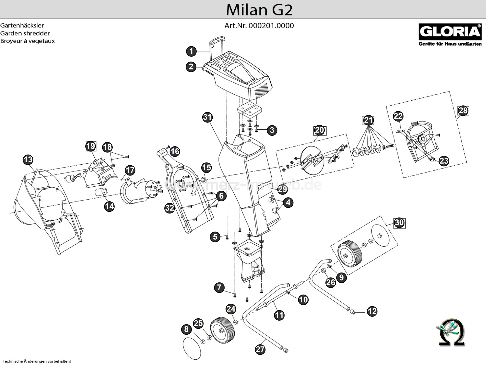 Gartenhäcksler Gloria Milan G2 Explosionszeichnung (Bild Nr. 12), GLORIA Rohrschutzkappe 610030