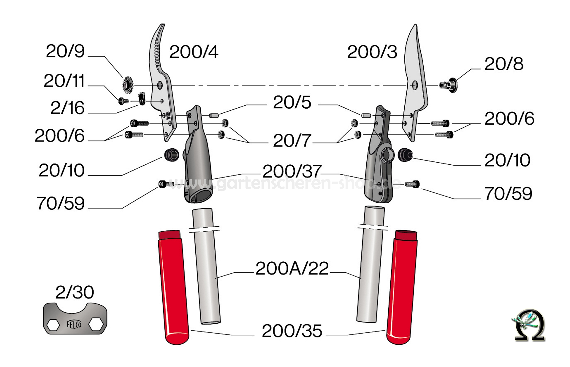 Felco 200A-40, Zeichnung der Einzelteile, Gezahnter Sektor 2/16, Ersatzeil für Felco Scheren