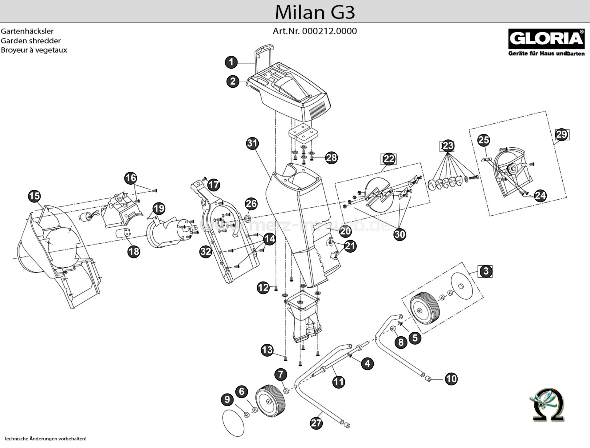 Gartenhäcksler Gloria Milan G3 Explosionszeichnung (Bild Nr. 10), GLORIA Rohrschutzkappe 610030