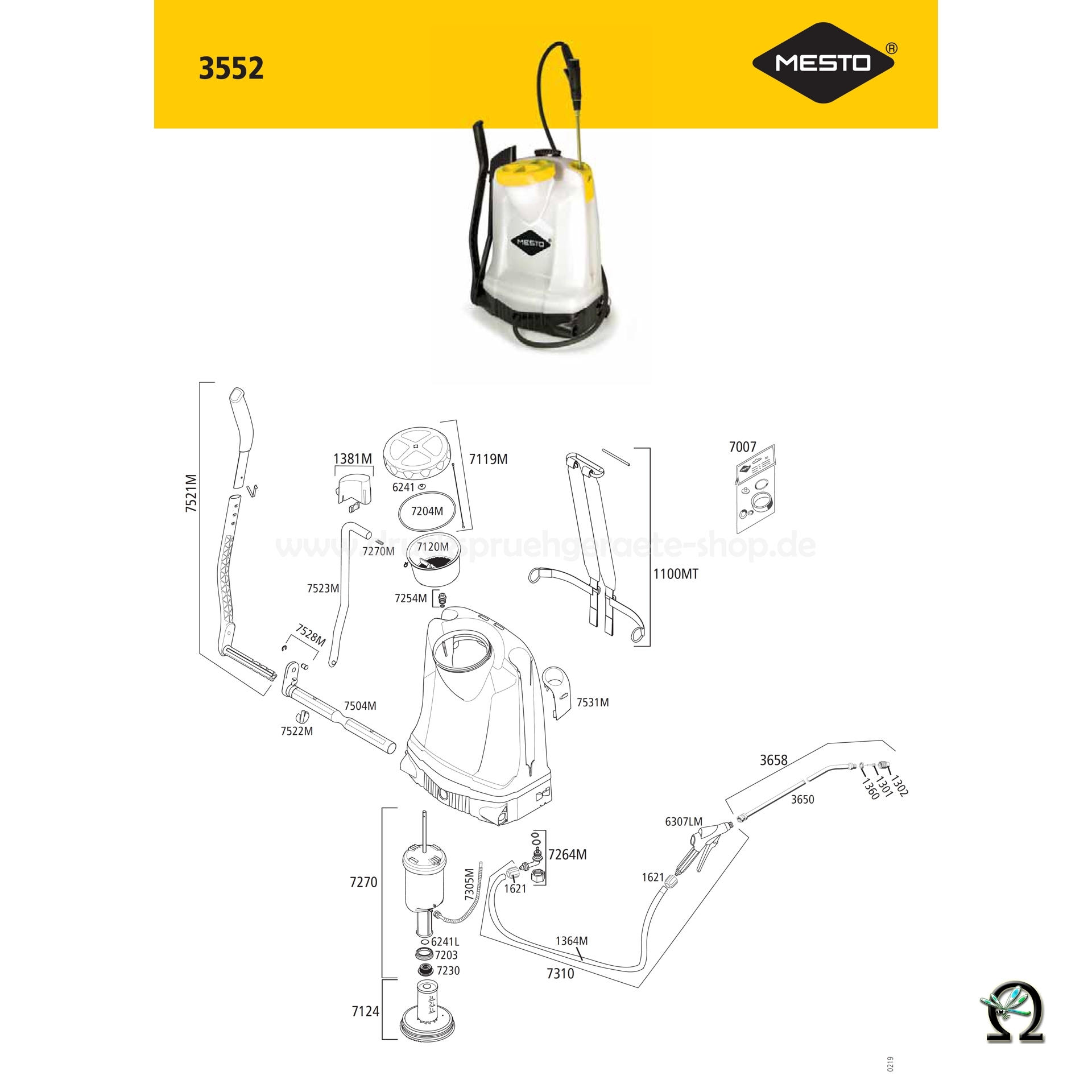 MESTO 3552, Explosionszeichnung mit Ersatzteilnummern, MESTO Hebelarm 7521M für Rückenspritzen Typ 3552 und 3558