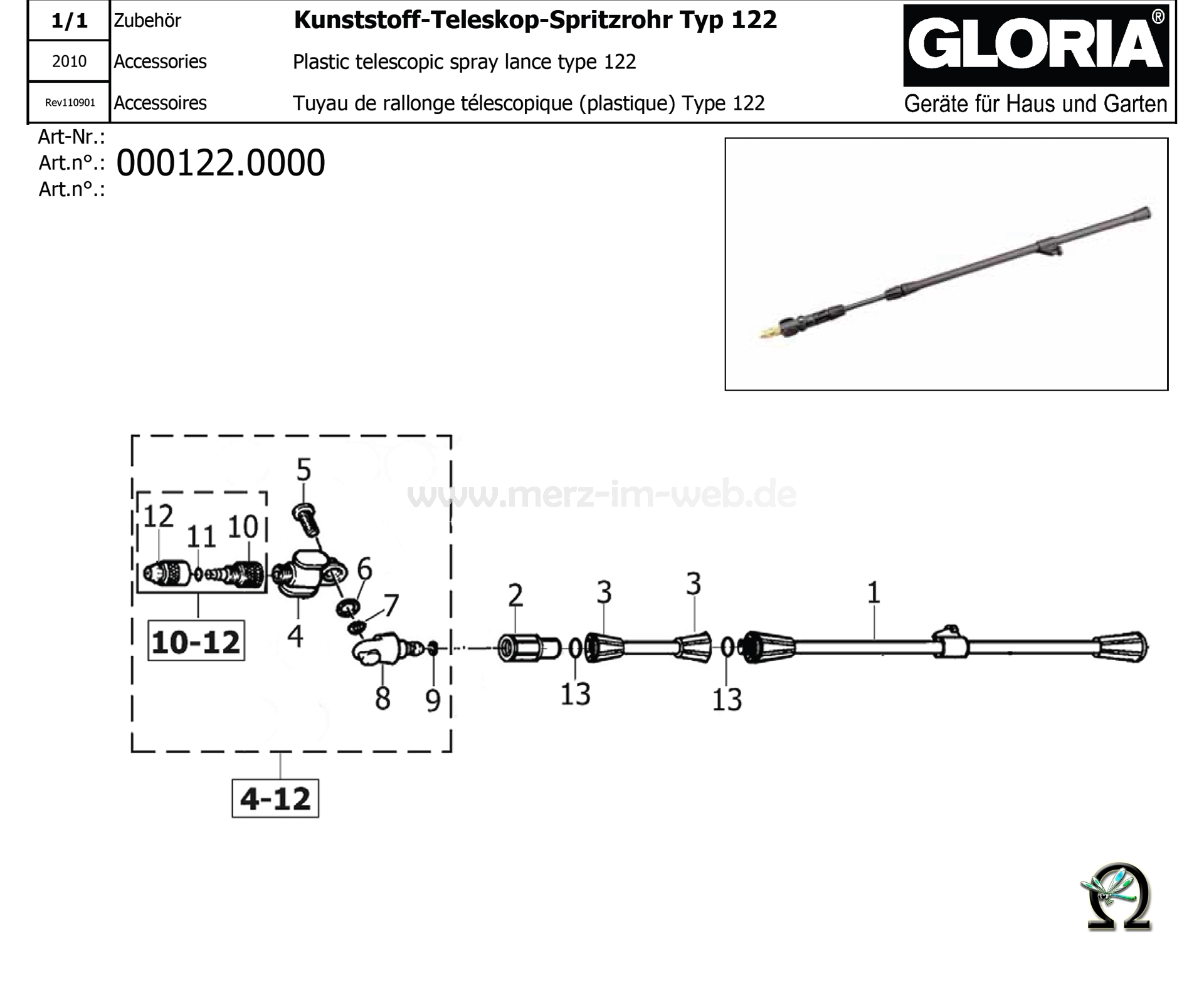 GLORIA Kunststoff-Teleskop-Sprühlanze m. Düse Typ 122 Explosionszeichnung (Bild Nr. 12), GLORIA Düse 601900