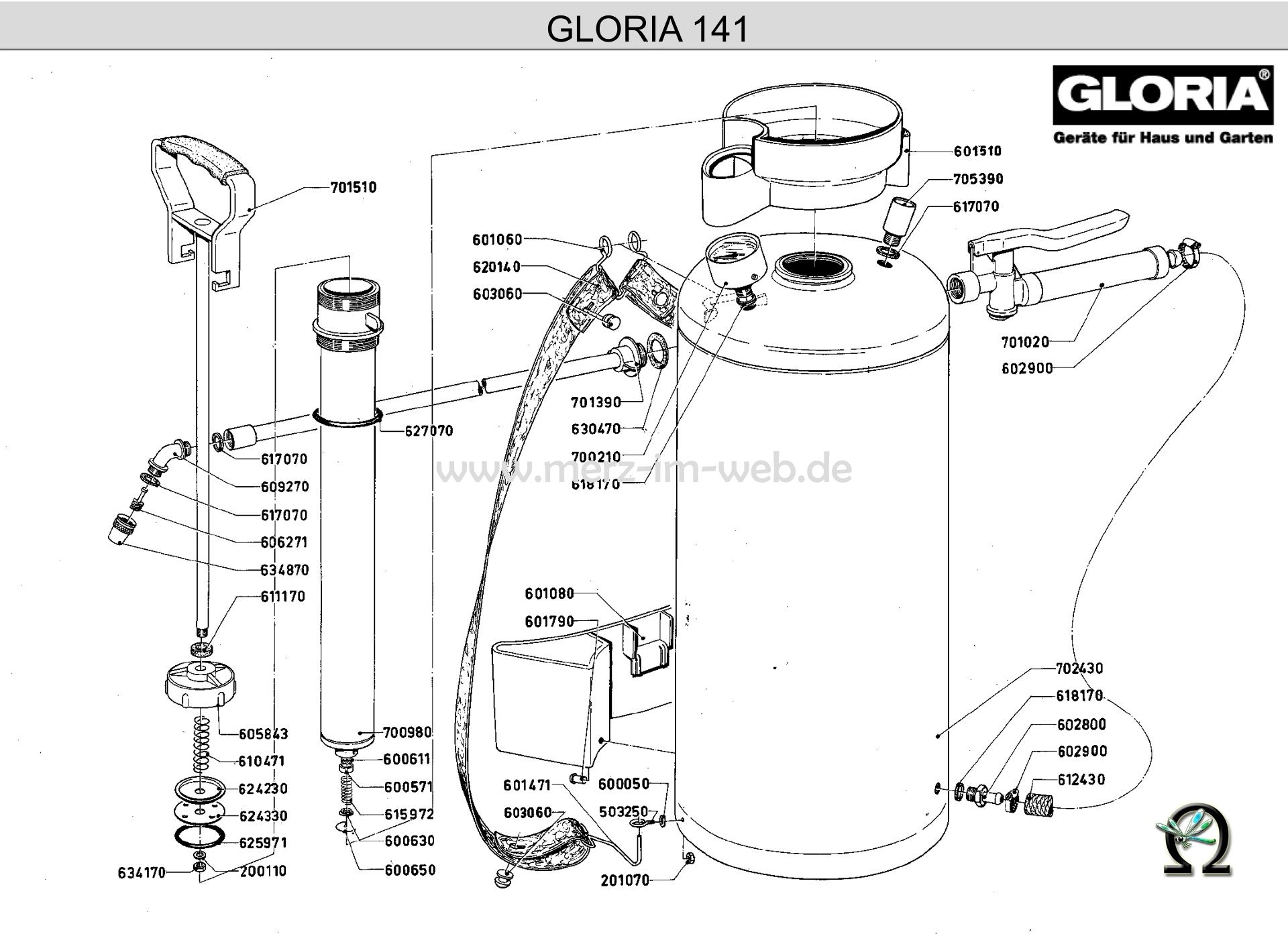 GLORIA Hochdrucksprühgerät 141, Zeichnung der Einzelteile, GLORIA Messing-Sprühlanze komplett 700220