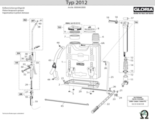 Kolbenrückensprühgerät Gloria 2012 Explosionszeichnung mit Ersatzteilliste