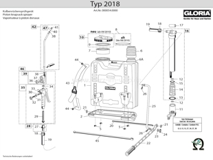 Kolbenrückensprühgerät Gloria 2018 Explosionszeichnung mit Ersatzteilliste
