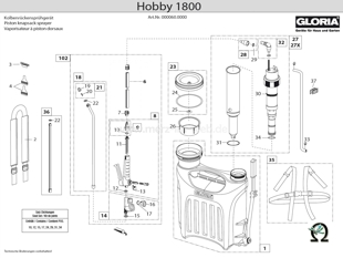 Gloria Kolbenrückensprühgerät Hobby 1800, Zeichnung der Einzelteile