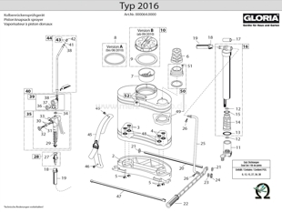 Kolbenrückensprühgerät Gloria 2016 Explosionszeichnung mit Ersatzteilliste