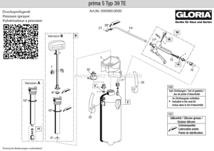Explosionszeichnung mit Ersatzteilliste für das Drucksprühgerät Gloria Prima 5 Typ 39 TE