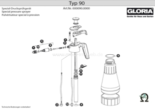 Explosionszeichnung mit Ersatzteilliste für das Handsprühgerät Gloria Typ 90