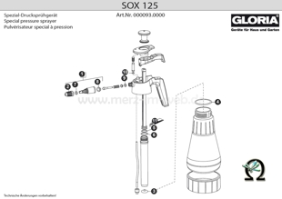 Explosionszeichnung mit Ersatzteilliste für das Handsprühgerät Gloria SOX 125