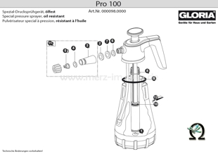 Explosionszeichnung mit Ersatzteilliste für das Handsprühgerät Gloria Pro 100