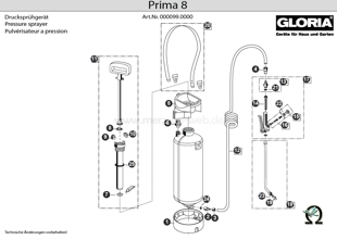 Drucksprühgerät Gloria prima 8 (GL-000099.0000), Zeichnung der Einzelteile