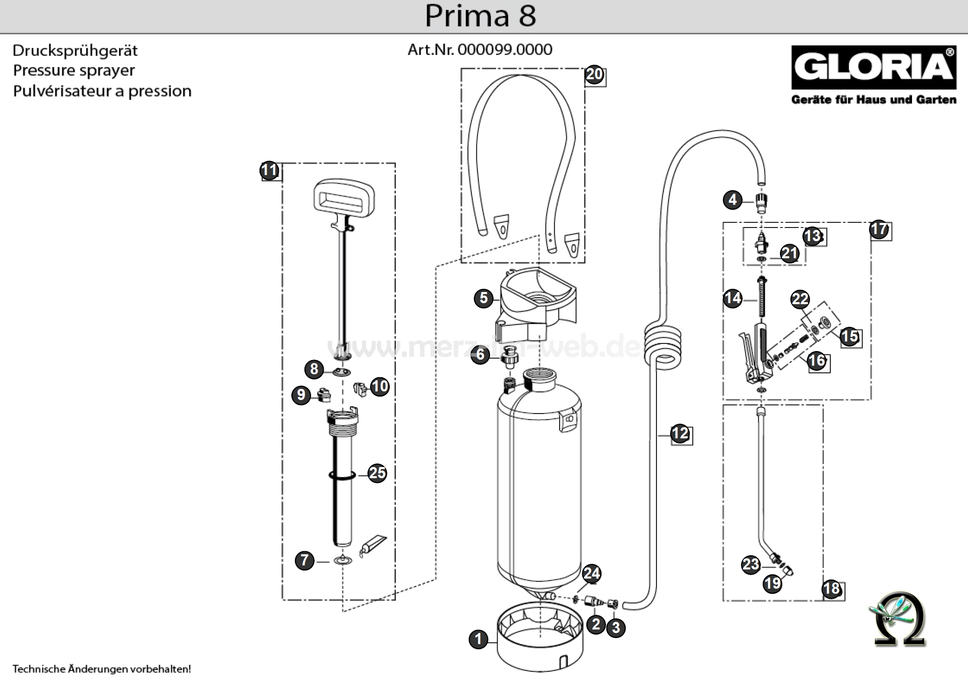 Die Ersatzteilzeichnung mit der Teileliste für das Drucksprühgerät Gloria prima 8 (Art. Nr. 000099.0000) zum herunterladen und ausdrucken.