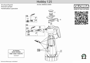 Explosionszeichnung mit Ersatzteilliste für das Handsprühgerät Gloria Hobby 125