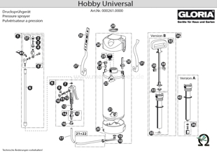 Explosionszeichnung mit Ersatzteilliste für das Drucksprühgerät Gloria Hobby Universal