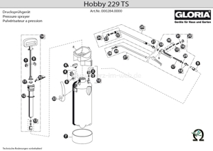 Explosionszeichnung mit Ersatzteilliste für das Drucksprühgerät Gloria Hobby 229 TS