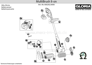 Elektrobürste GLORIA MultiBrush li-on, Zeichnung der Einzelteile