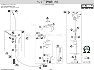 Hochdrucksprühgerät GLORIA 405 T Profiline, Zeichnung der Einzelteile