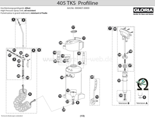 Hochdrucksprühgerät GLORIA 405 TKS Profiline, Zeichnung der Einzelteile