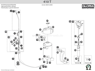 Explosionszeichnung mit Ersatzteilliste für das Hochdrucksprühgerät Gloria 410 T