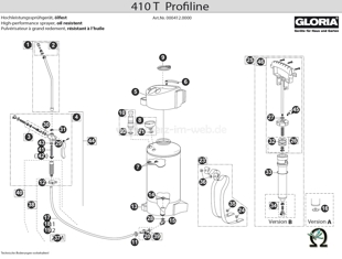 Explosionszeichnung mit Ersatzteilliste für das Hochdrucksprühgerät Gloria 410 T Profiline