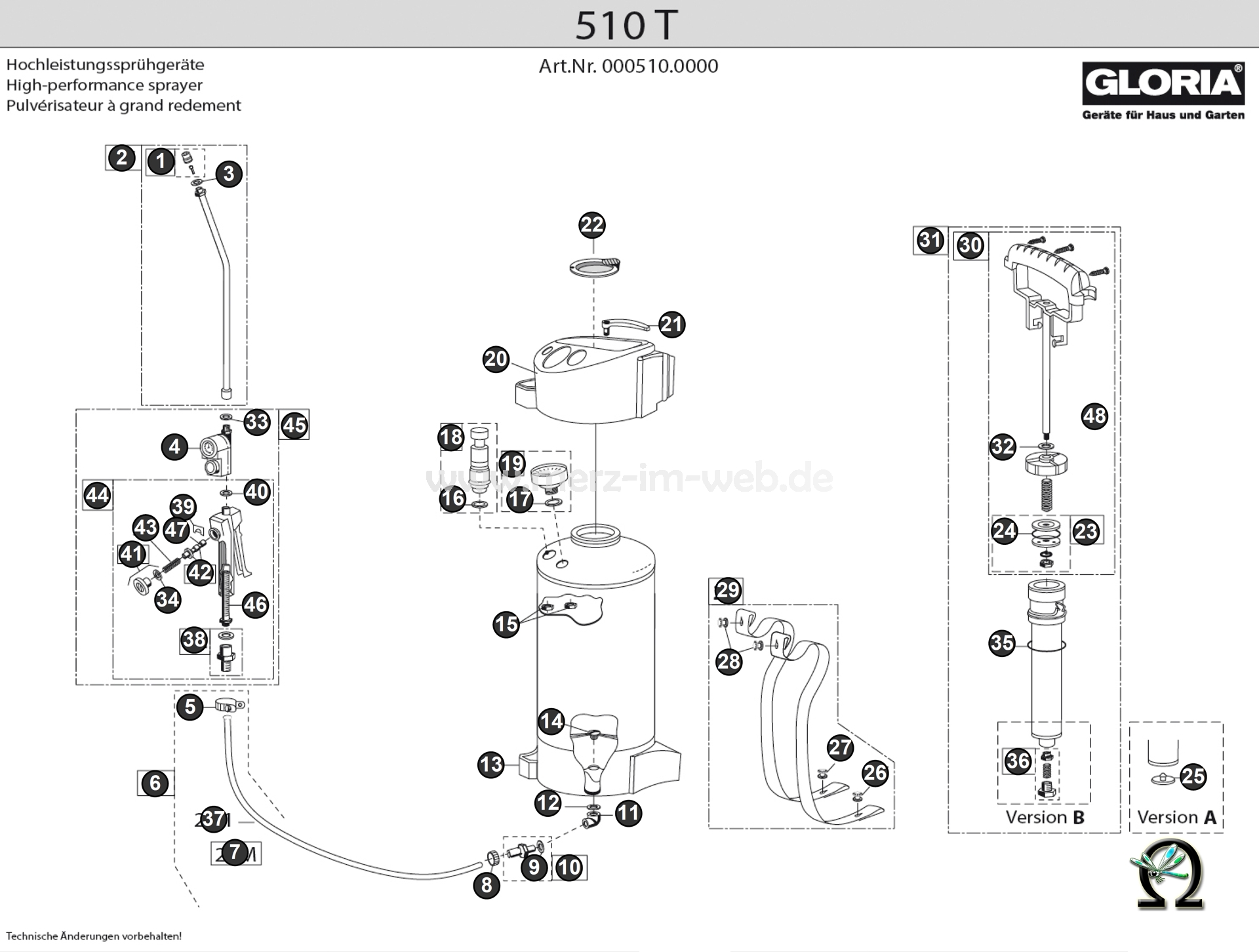 Gloria Hochdrucksprühgerät 510 T Zeichnung der Einzelteile