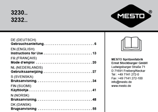 Die Bedienungsanleitung für das MESTO Drucksprühgerät 3232 PICO als PDF-Datei zum herunterladen und ausdrucken.